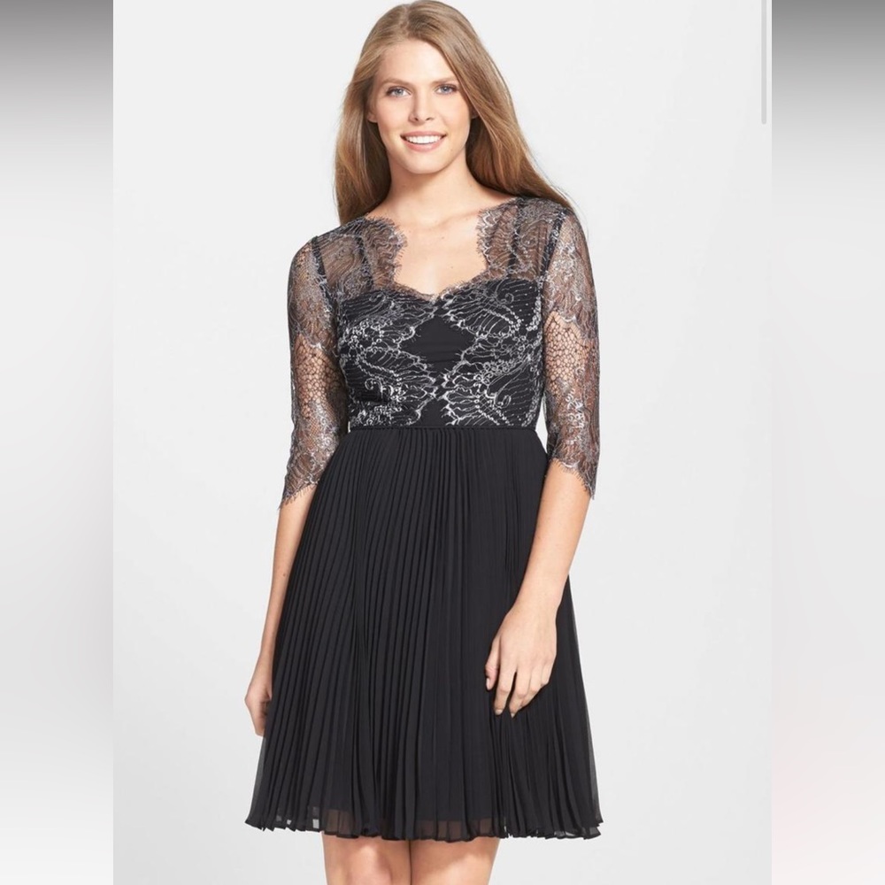Adrianna Papell Scalloped Lace Pleated Cocktail Dress
